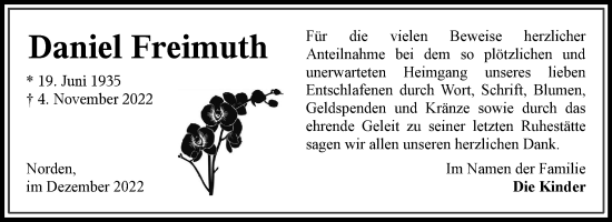Traueranzeige von Daniel Freimuth 