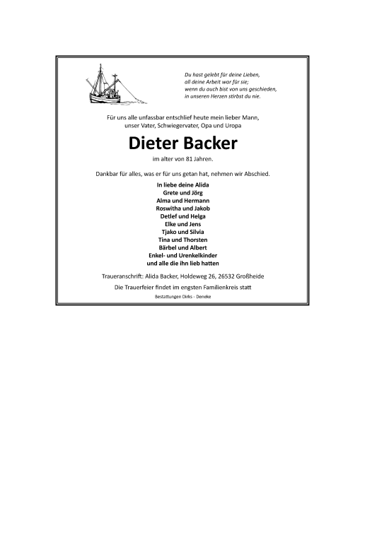 Traueranzeige von Dieter Backer 
