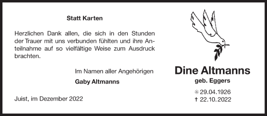 Traueranzeige von Dine Altmanns 