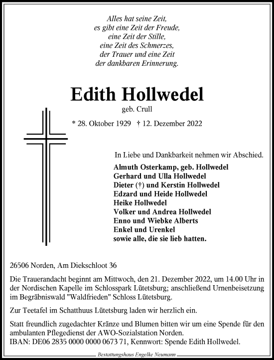Traueranzeige von Edith Hollwedel 