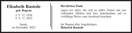 Traueranzeige von Elisabeth Rastede 