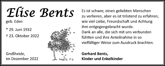 Traueranzeige von Elise Bents 
