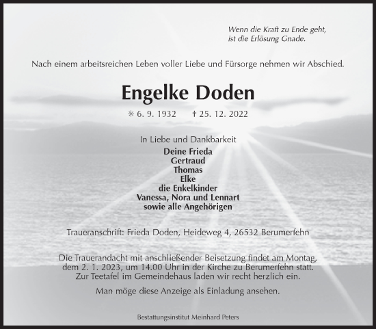 Traueranzeige von Engelke Doden 