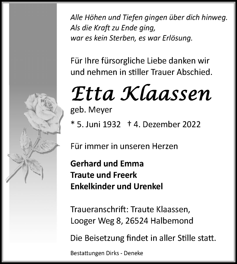  Traueranzeige für Etta Klaassen vom 07.12.2022 aus 