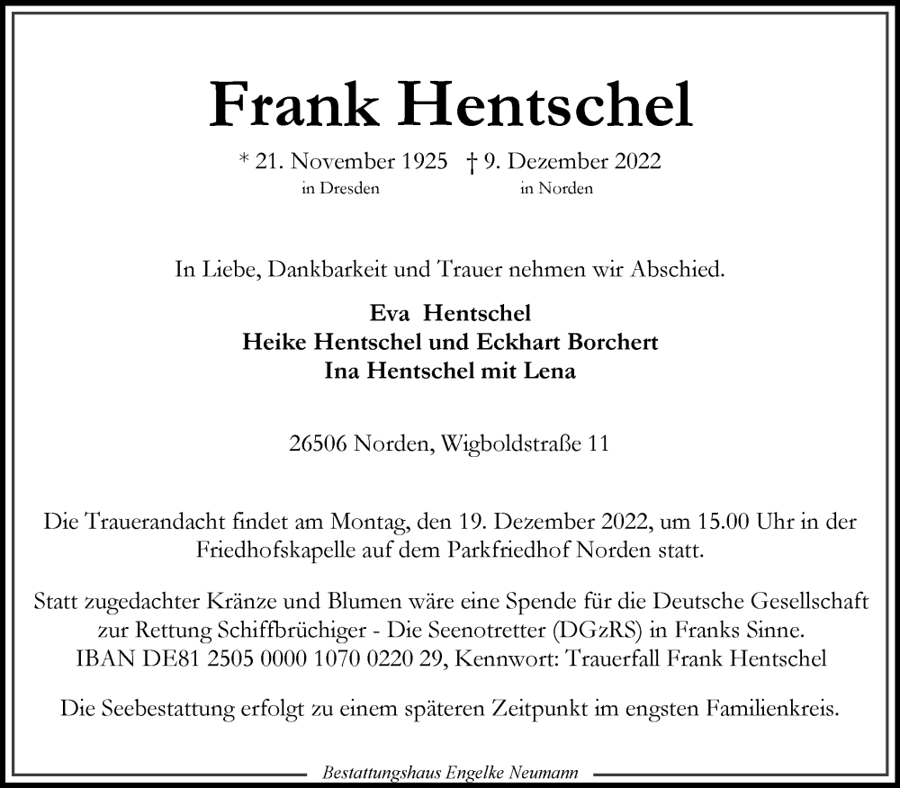  Traueranzeige für Frank Hentschel vom 14.12.2022 aus 