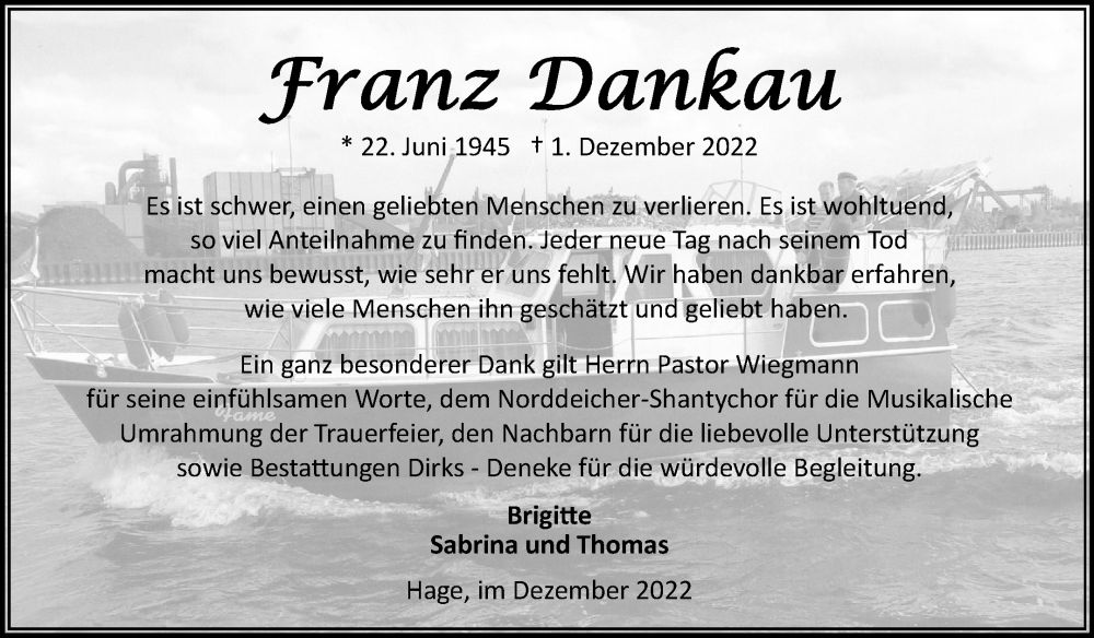  Traueranzeige für Franz Dankau vom 31.12.2022 aus 