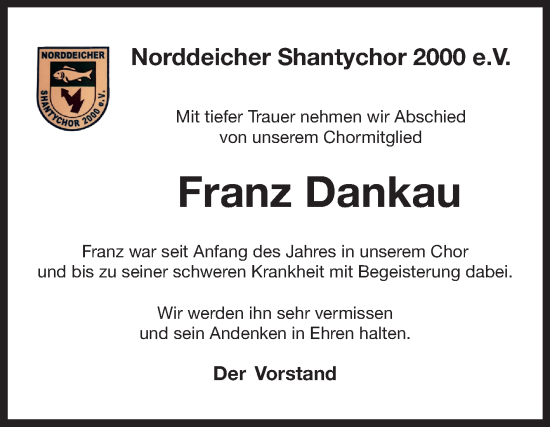 Traueranzeige von Franz Dankau 