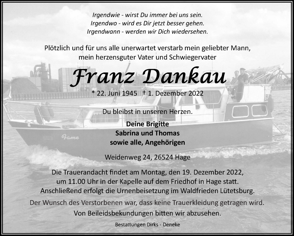  Traueranzeige für Franz Dankau vom 10.12.2022 aus 