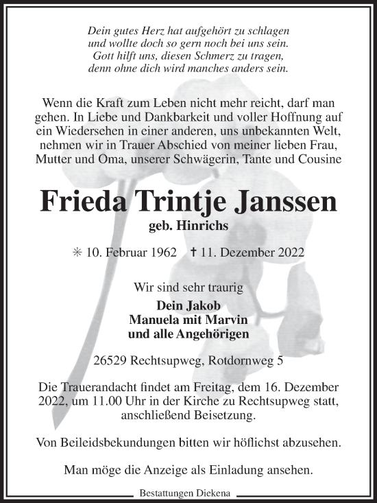 Traueranzeige von Frieda Trintje Janssen 