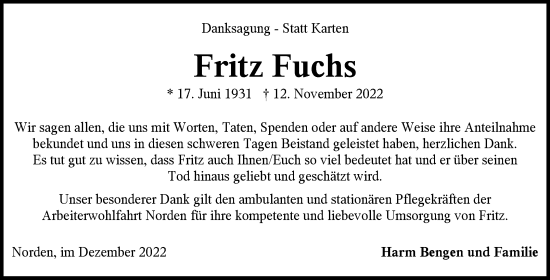 Traueranzeige von Fritz Fuchs 