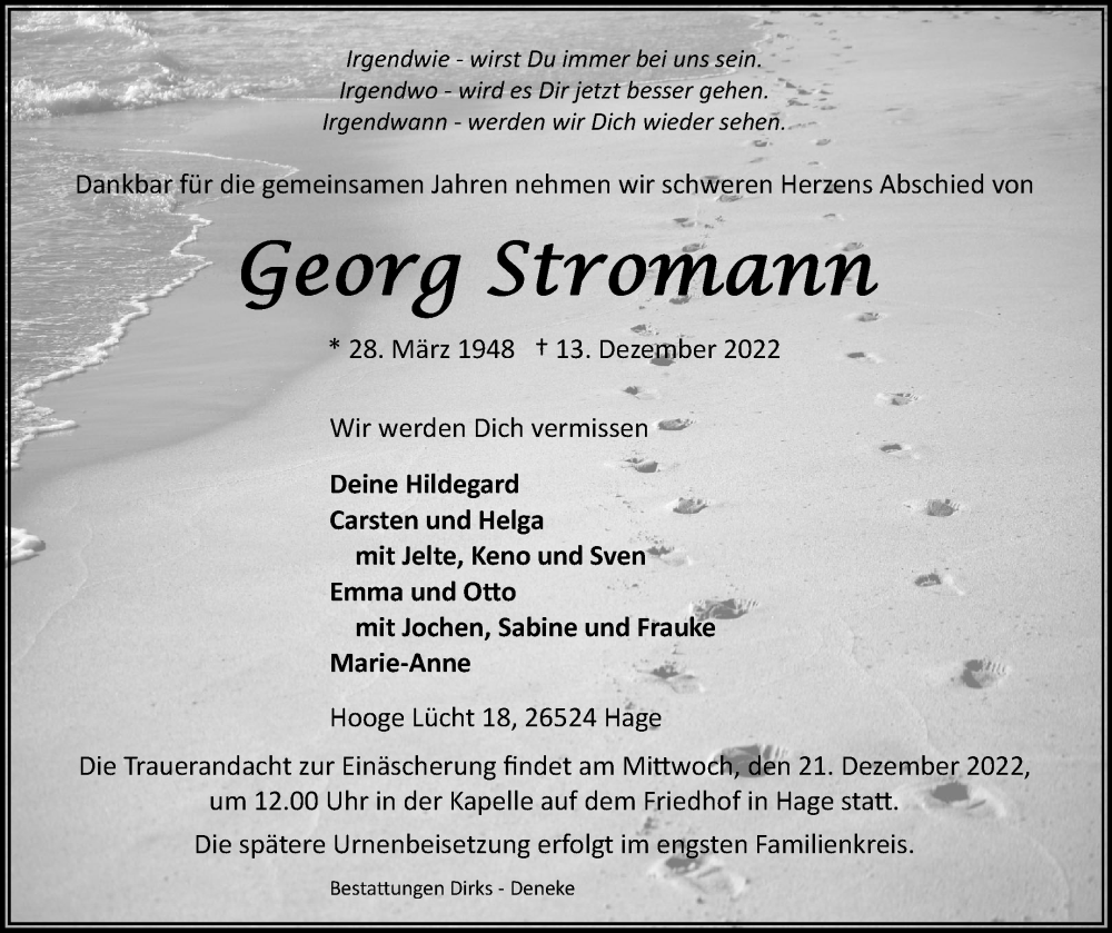  Traueranzeige für Georg Stromann vom 16.12.2022 aus 