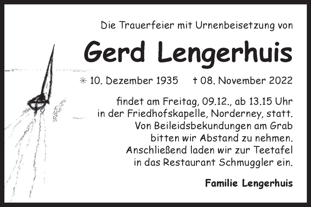  Traueranzeige für Gerd Lengerhuis vom 01.12.2022 aus 