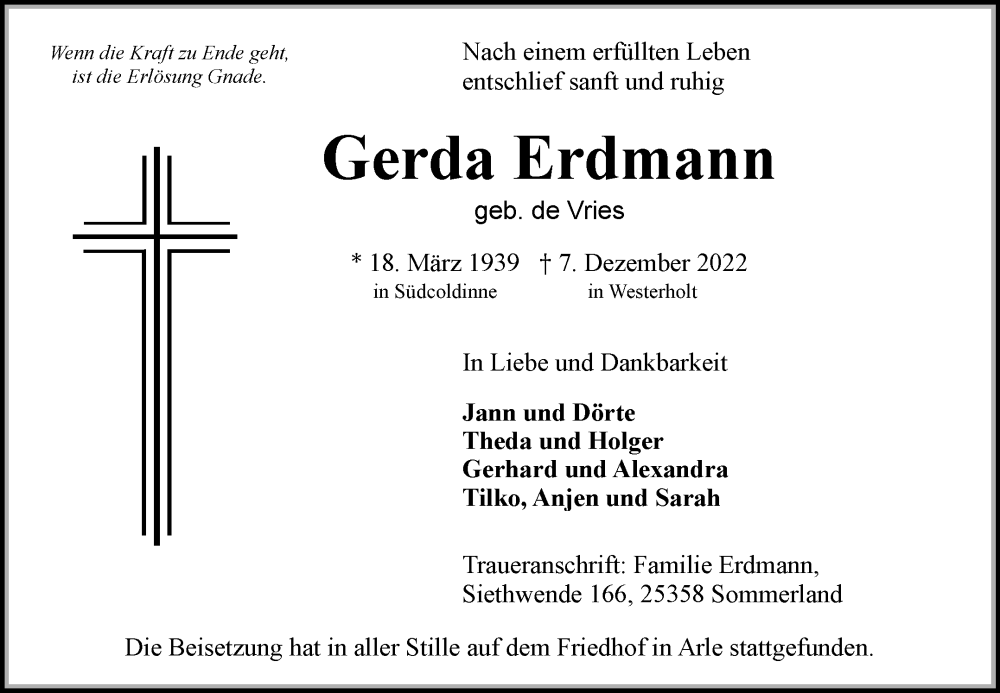  Traueranzeige für Gerda Erdmann vom 17.12.2022 aus 
