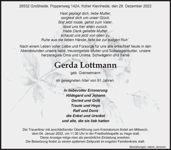 Traueranzeige von Gerda Lottmann 