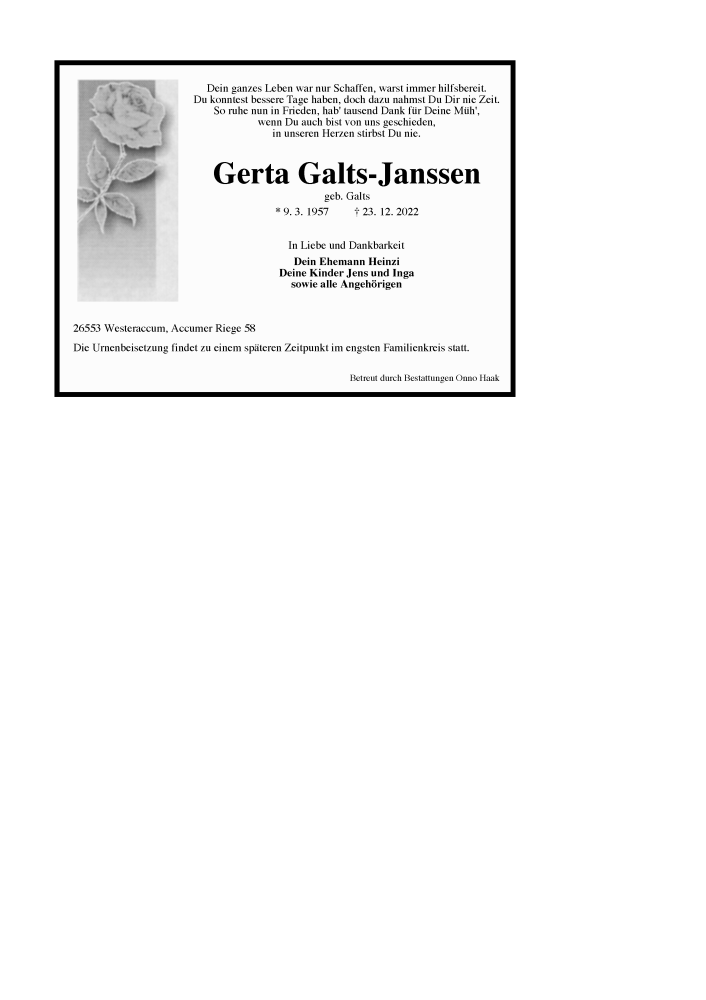  Traueranzeige für Gerta Galts-Janssen vom 27.12.2022 aus 