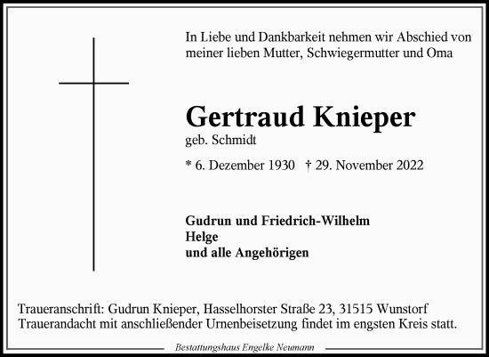 Traueranzeige von Gertraud Knieper 