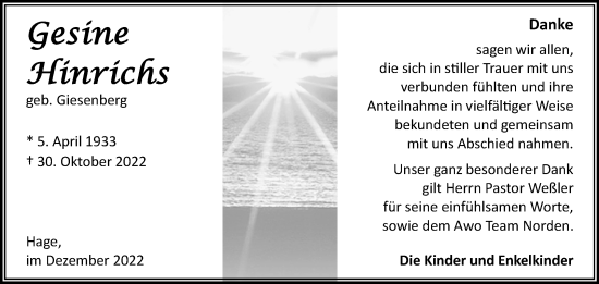 Traueranzeige von Gesine Hinrichs 