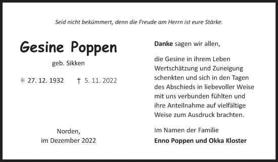 Traueranzeige von Gesine Poppen 
