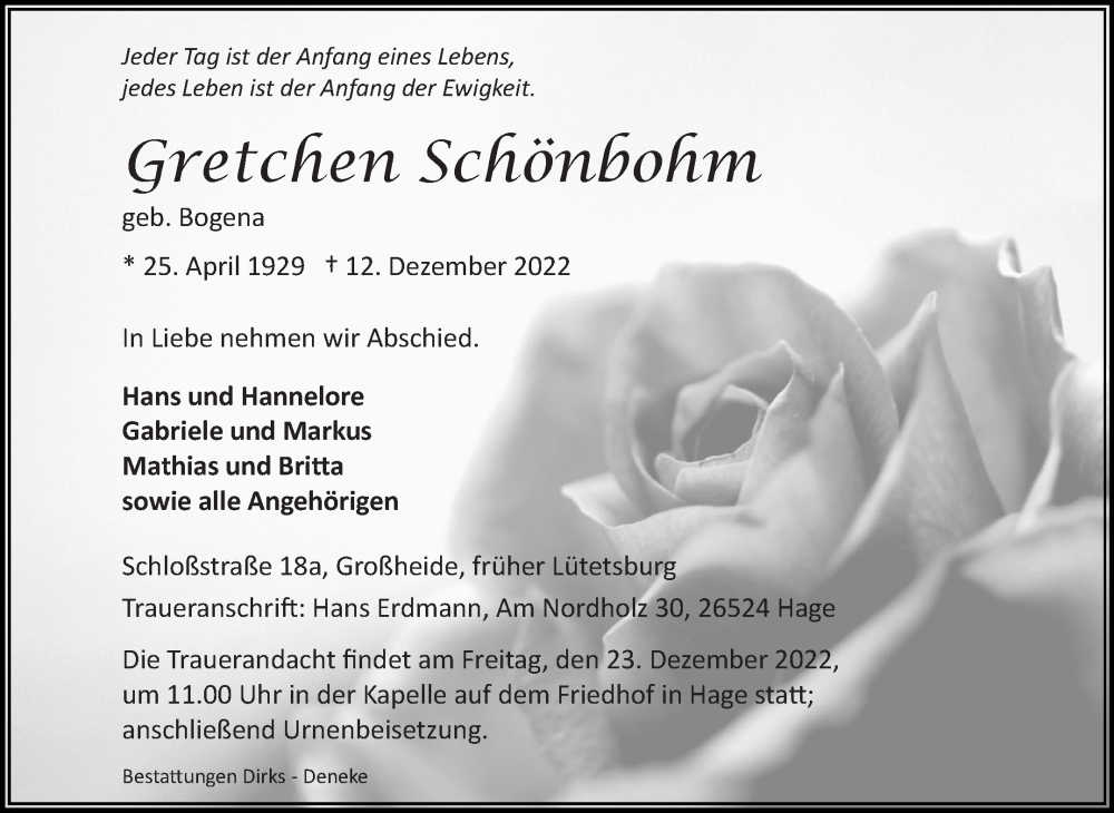  Traueranzeige für Gretchen Schönbohm vom 17.12.2022 aus 