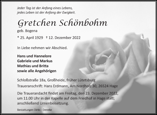 Traueranzeige von Gretchen Schönbohm 