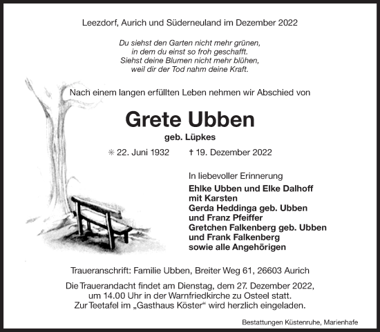Traueranzeige von Grete Ubben 