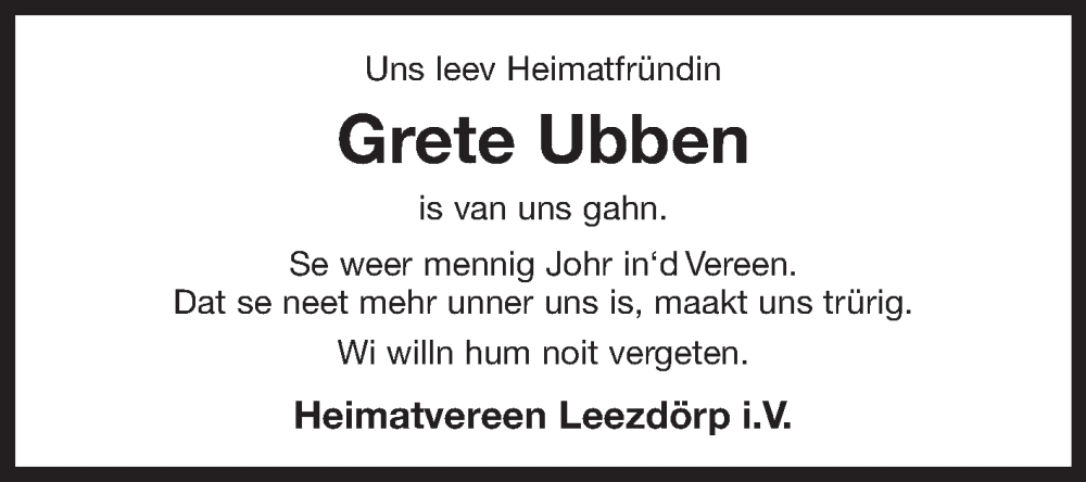  Traueranzeige für Grete Ubben vom 24.12.2022 aus 