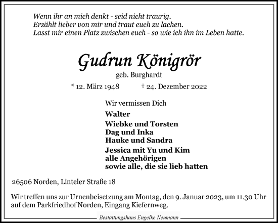 Traueranzeige von Gudrun Königrör 