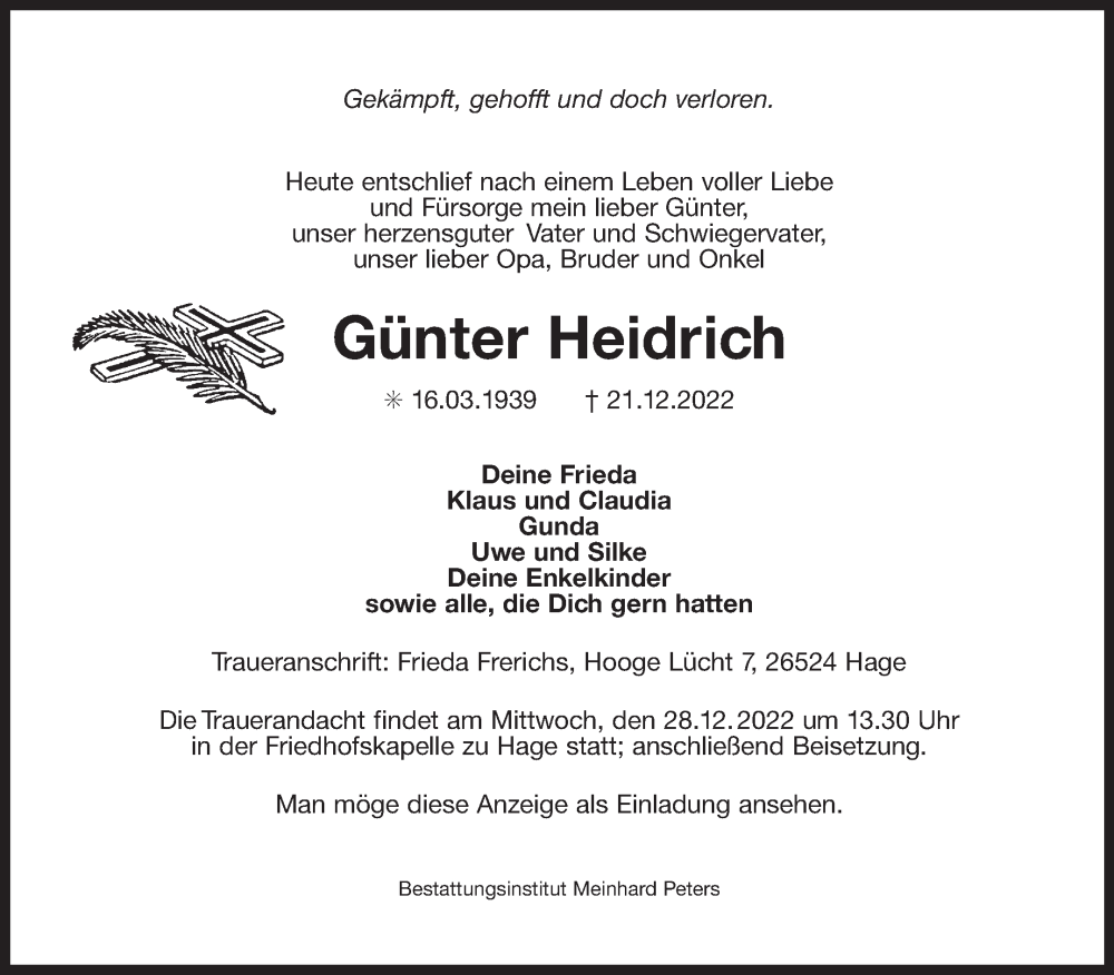 Traueranzeige für Günter Heidrich vom 24.12.2022 aus 