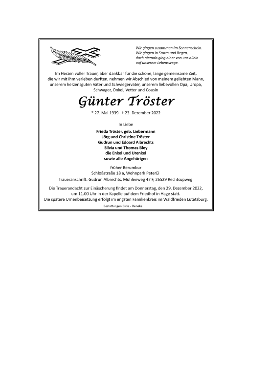 Traueranzeige von Günter Tröster 