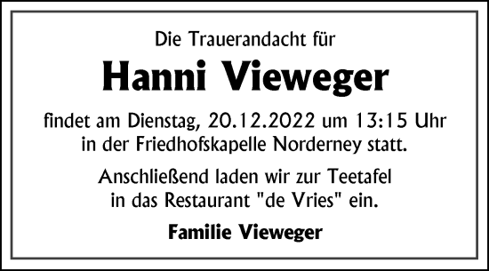 Traueranzeige von Hanni Vieweger 