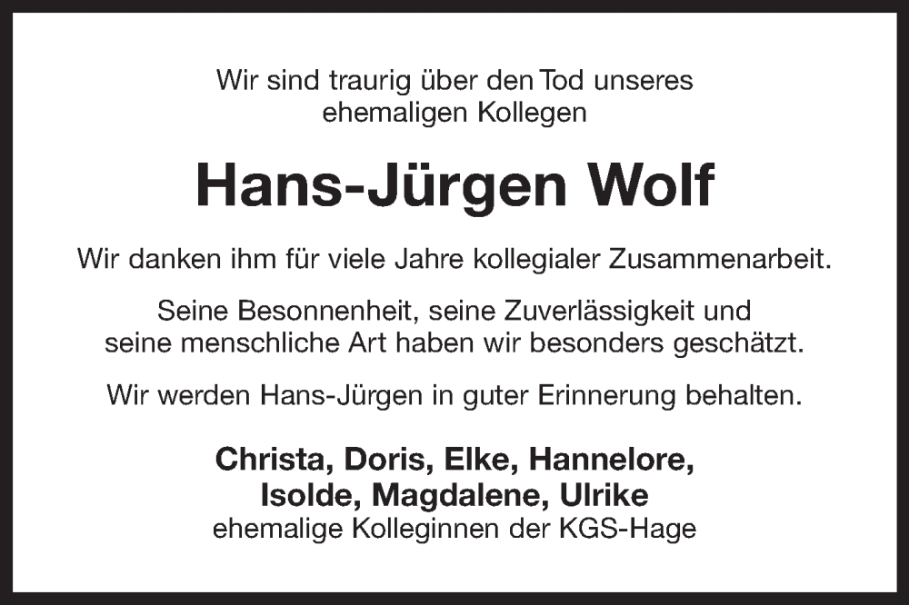  Traueranzeige für Hans-Jürgen Wolf vom 17.12.2022 aus 