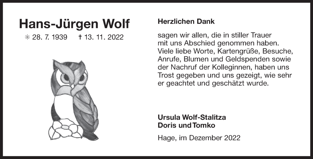  Traueranzeige für Hans-Jürgen Wolf vom 24.12.2022 aus 