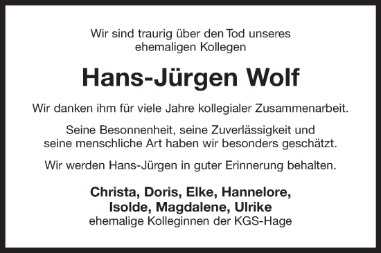 Traueranzeige von Hans-Jürgen Wolf 