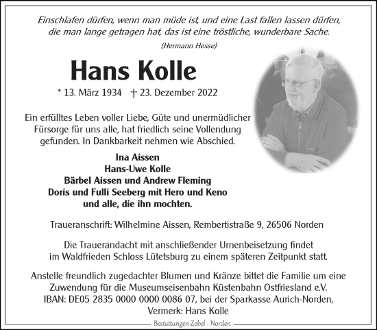 Traueranzeige von Hans Kolle 