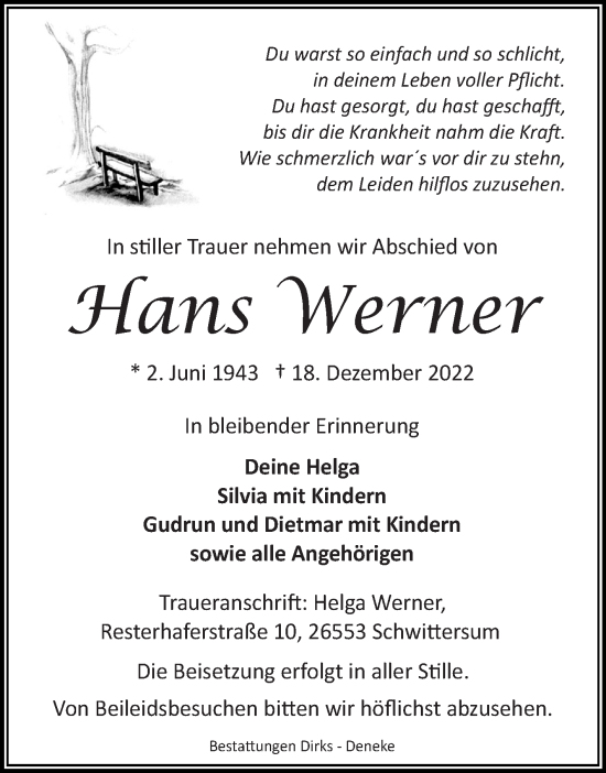 Traueranzeige von Hans Werner 