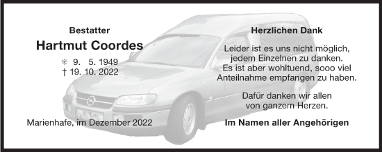 Traueranzeige von Hartmut Coordes 