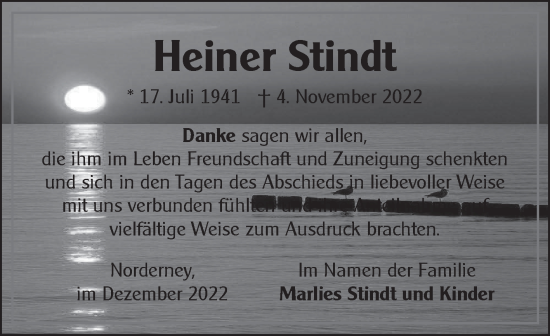 Traueranzeige von Heiner Stindt 