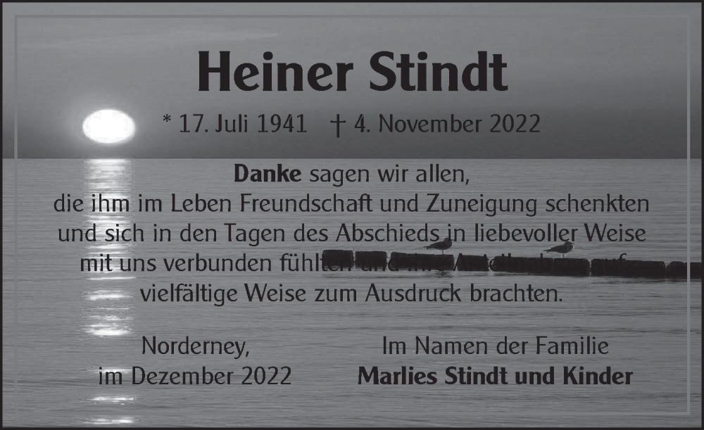  Traueranzeige für Heiner Stindt vom 17.12.2022 aus 