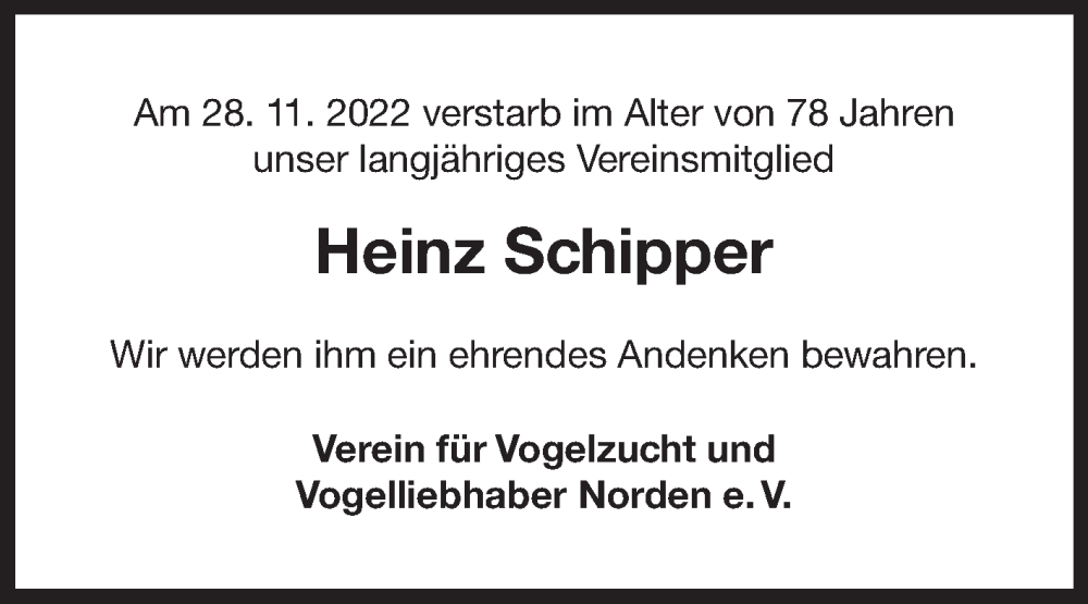  Traueranzeige für Heinz Schipper vom 08.12.2022 aus 
