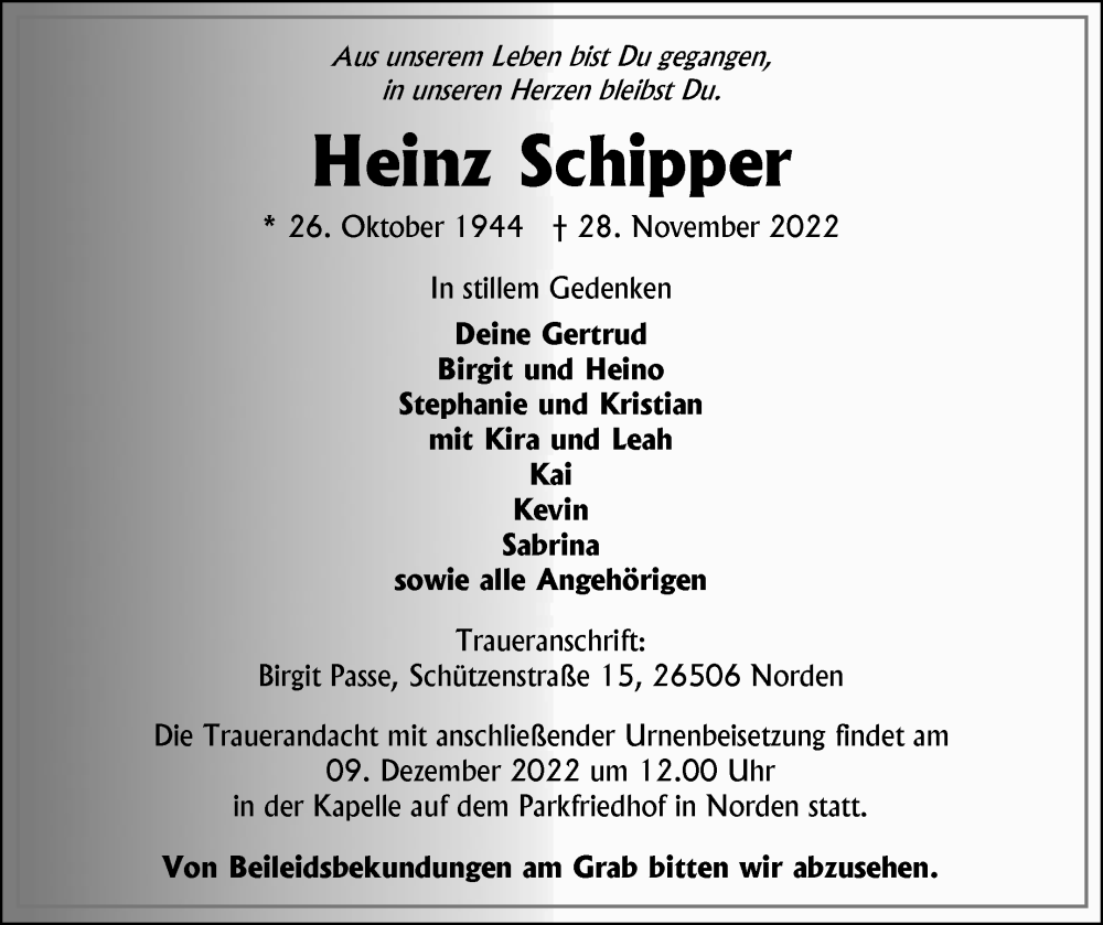  Traueranzeige für Heinz Schipper vom 03.12.2022 aus 