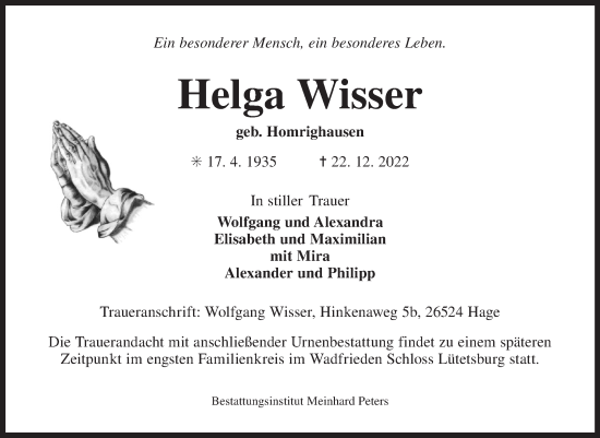 Traueranzeige von Helga Wisser 