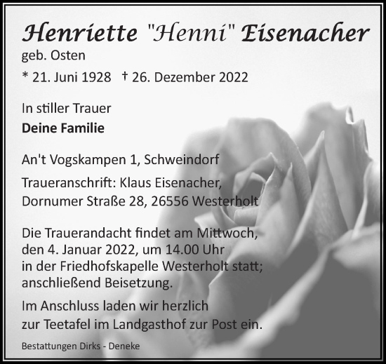 Traueranzeige von Henriette Eisenacher 