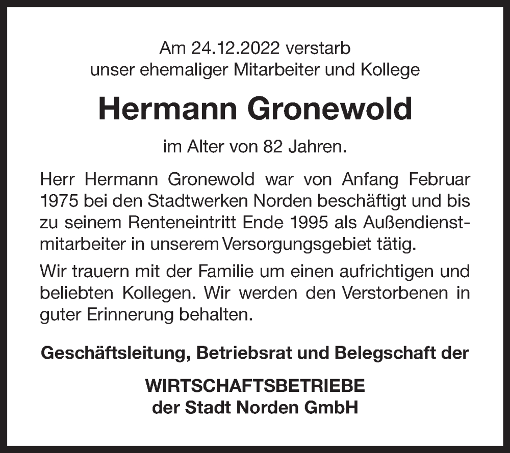  Traueranzeige für Hermann Gronewold vom 30.12.2022 aus 