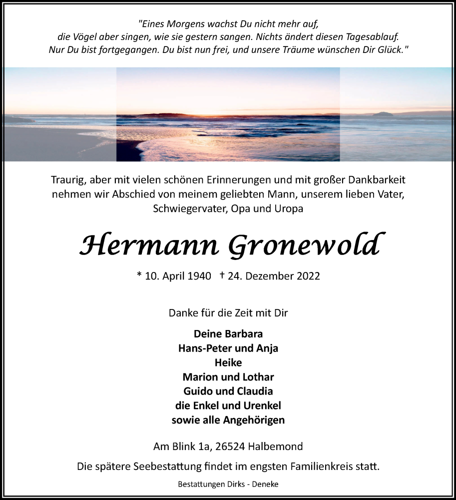 Traueranzeige für Hermann Gronewold vom 29.12.2022 aus 