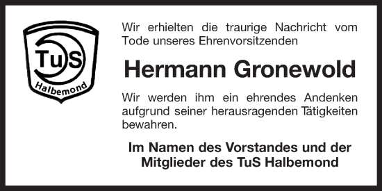 Traueranzeige von Hermann Gronewold 