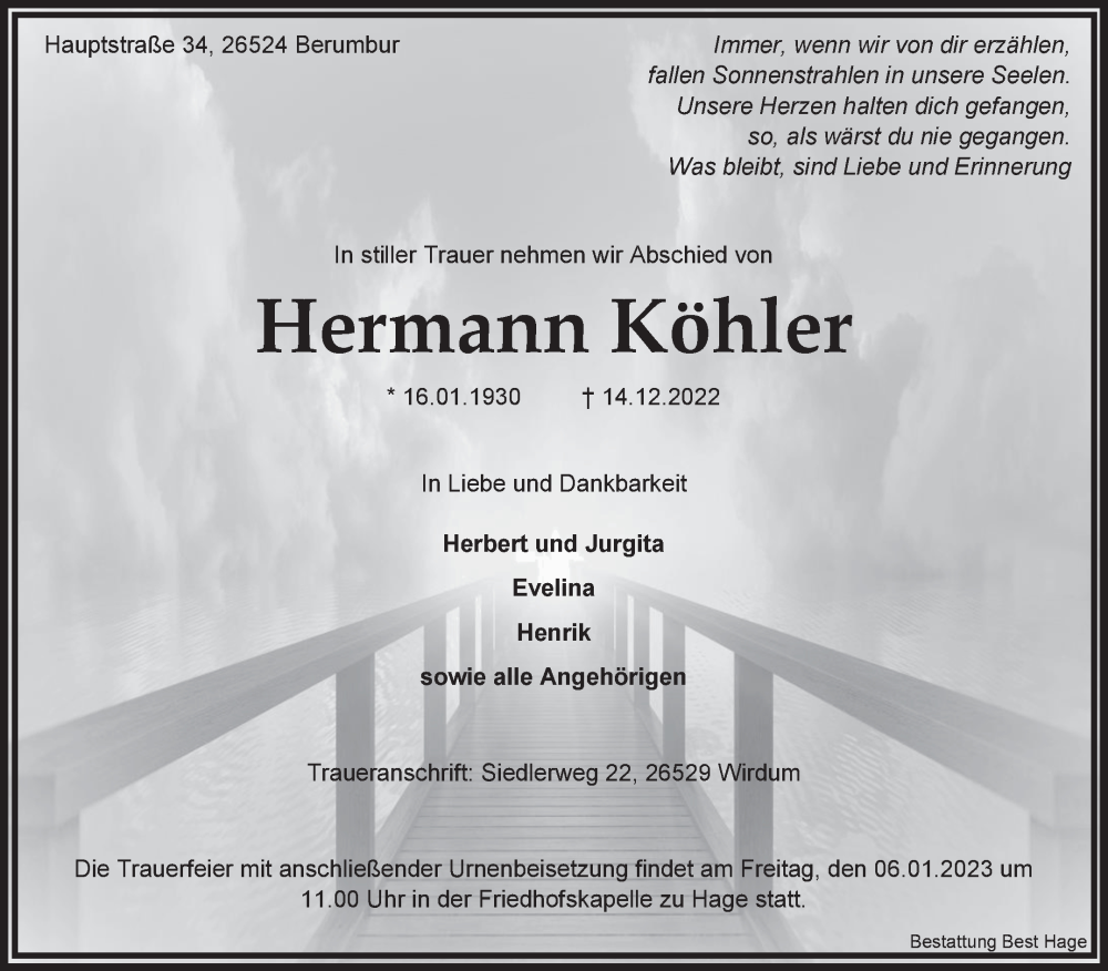  Traueranzeige für Hermann Köhler vom 16.12.2022 aus 