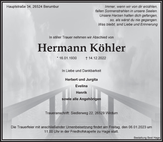 Traueranzeige von Hermann Köhler 