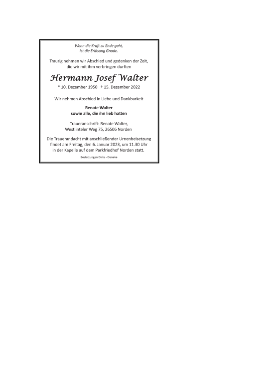 Traueranzeige von Hermann Josef Walter 