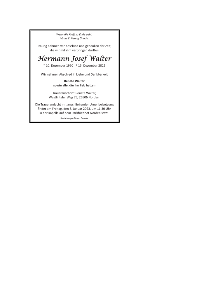  Traueranzeige für Hermann Josef Walter vom 19.12.2022 aus 
