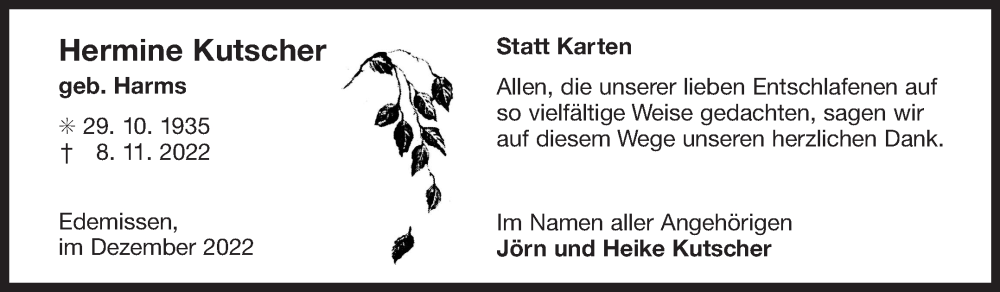  Traueranzeige für Hermine Kutscher vom 10.12.2022 aus 
